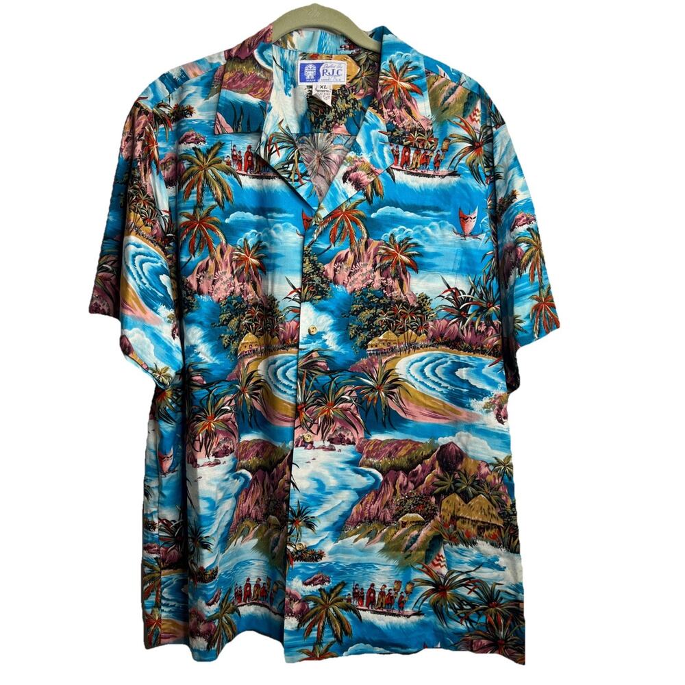 RJC Hawaiian Shirt Mens XL Turquoise Palms Islands Floral Button Up USA Hawaii